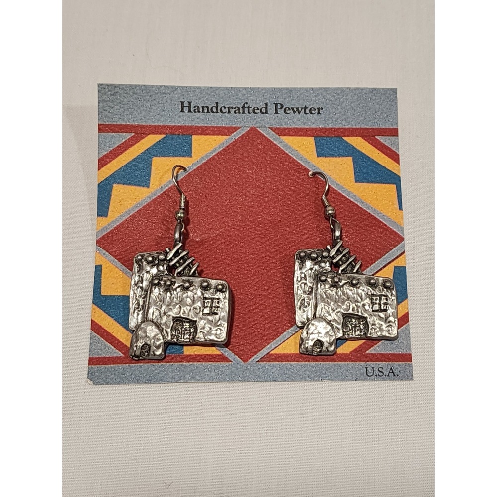 Handcrafted Pewter Southwestern Adobe Pueblo Dangle Earrings Silver Tone USA